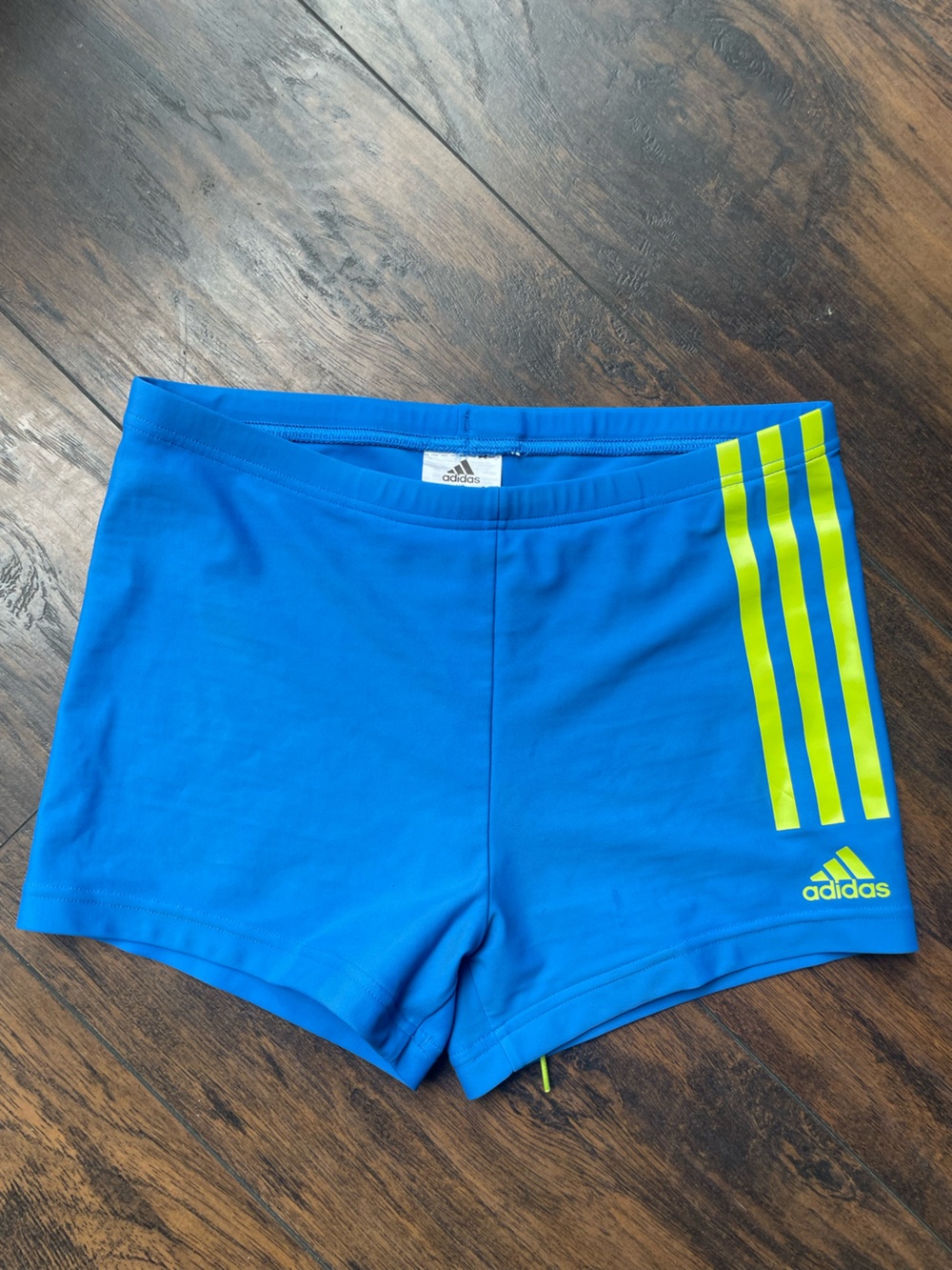 adidas Blue Swim Trunks with Neon Yellow Stripe Detail
